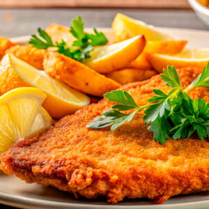 Onsdag Uge 51: Skinkeschnitzler med stegte kartofler, skysauce og ærter